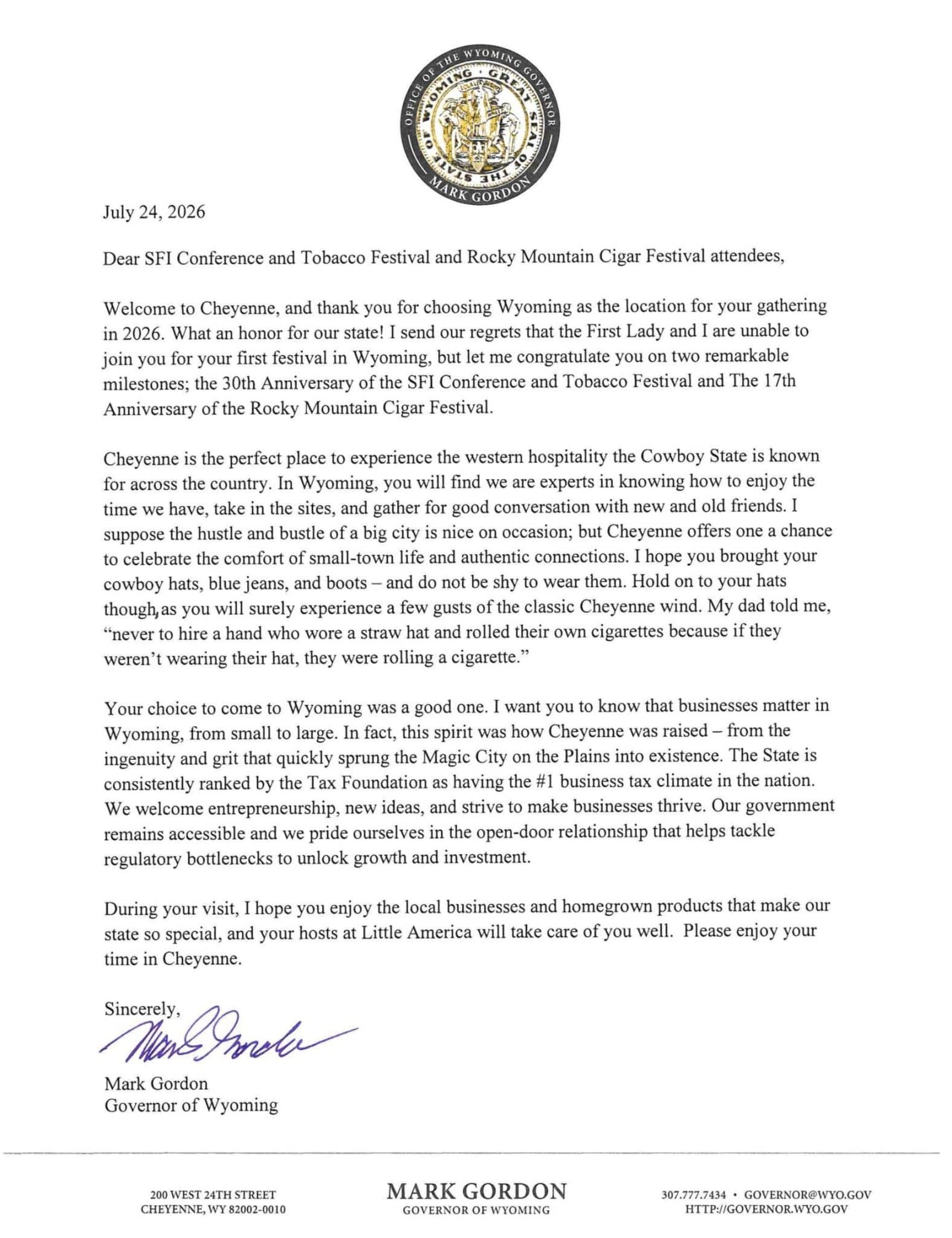 Governer of Wyoming Letter scaled